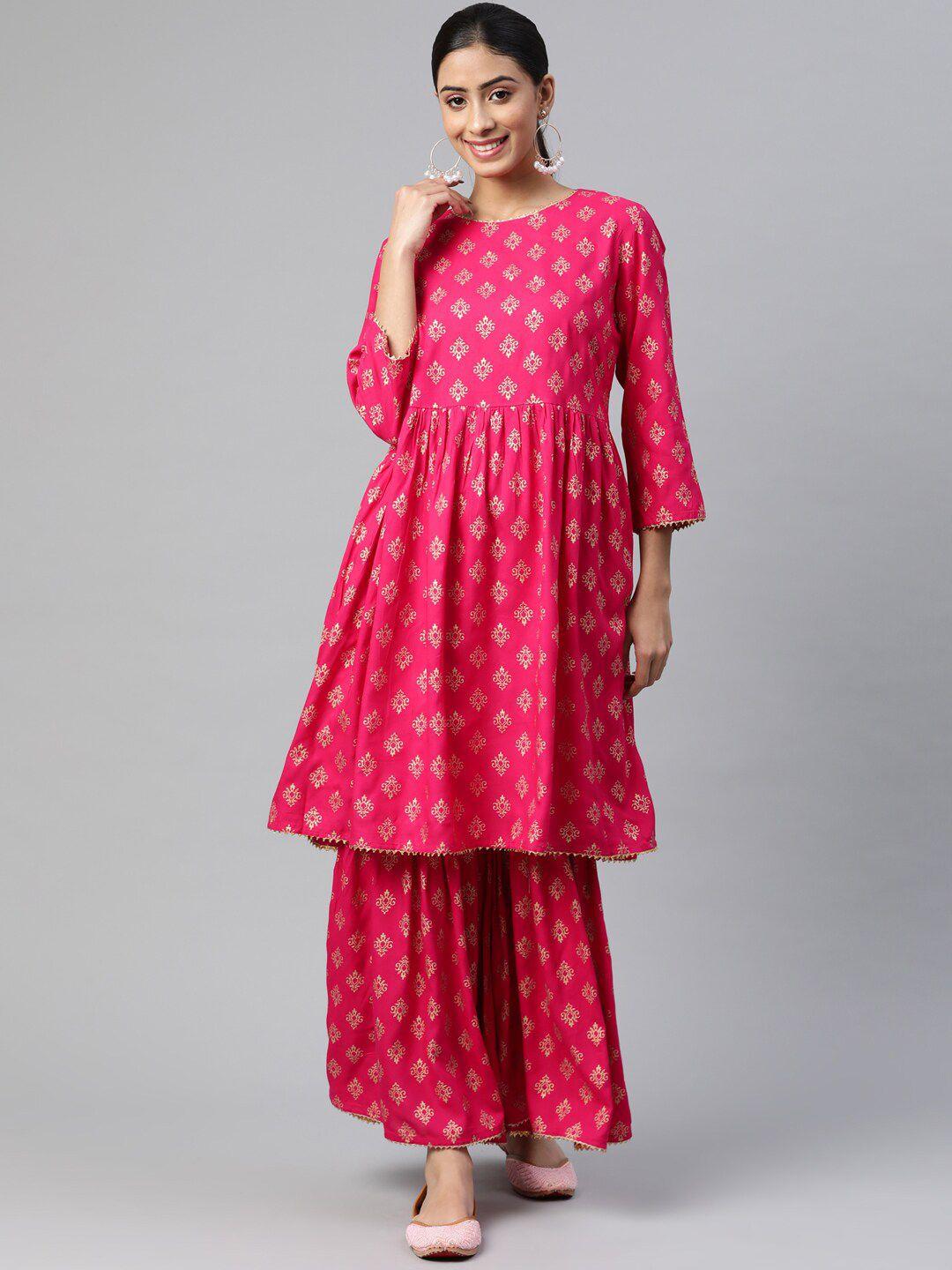 neshamakurti women pink paisley printed kurta with sharara
