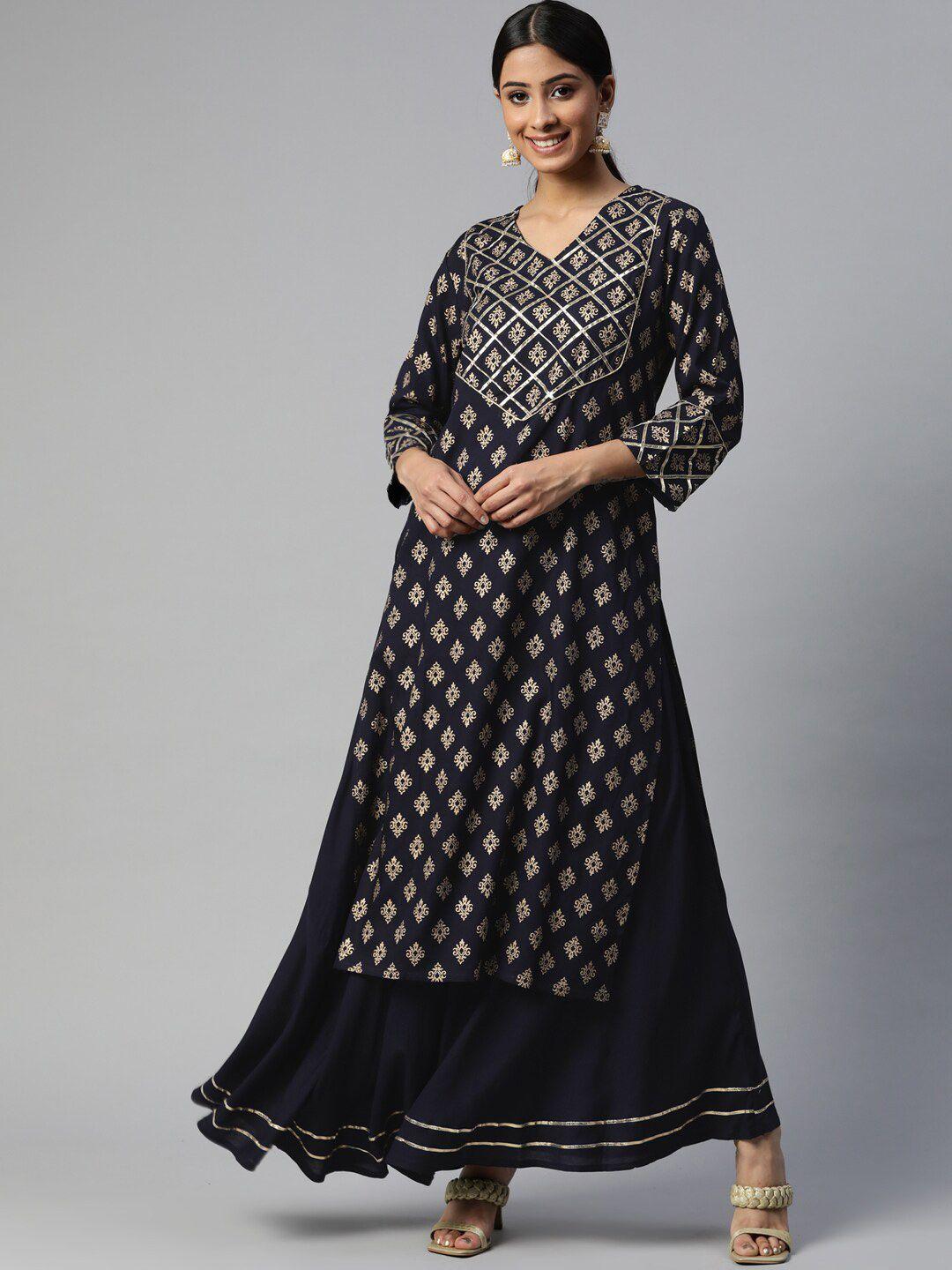 neshamakurti women printed mukaish kurta with skirt