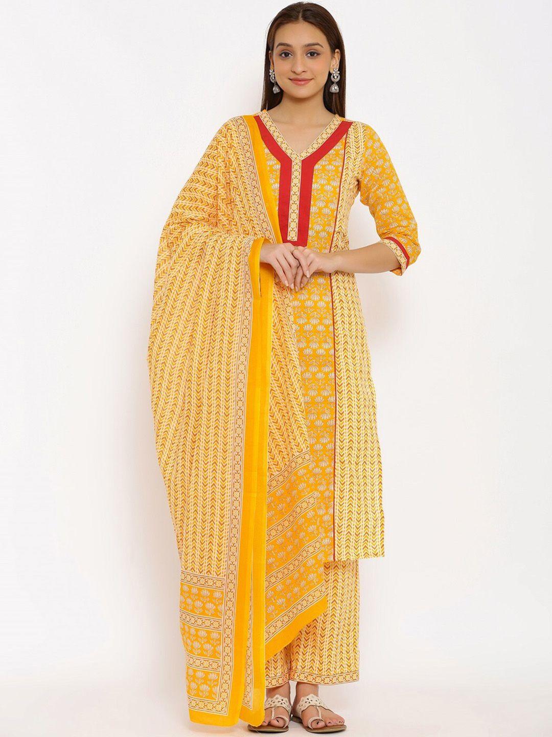 neshamakurti women yellow printed pure cotton kurta with palazzos & with dupatta