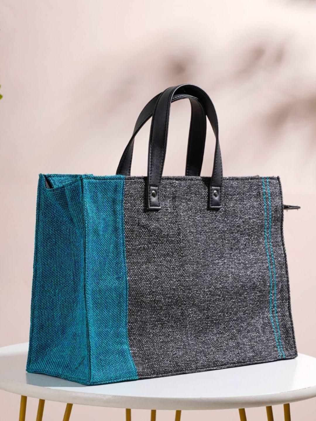 nestasia  teal & charcoal colourblocked eco friendly jute lunch bag