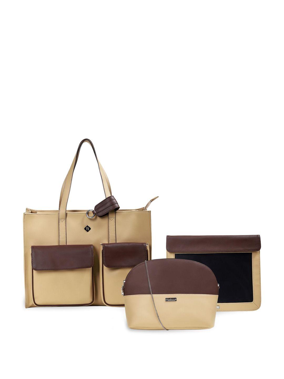 nestasia beige colourblocked structured handheld bag with bow detail