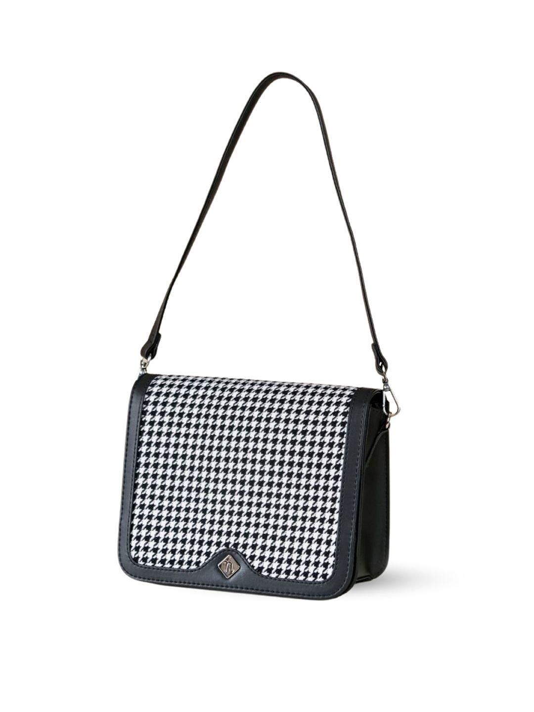 nestasia black checked structured sling bag with tasselled