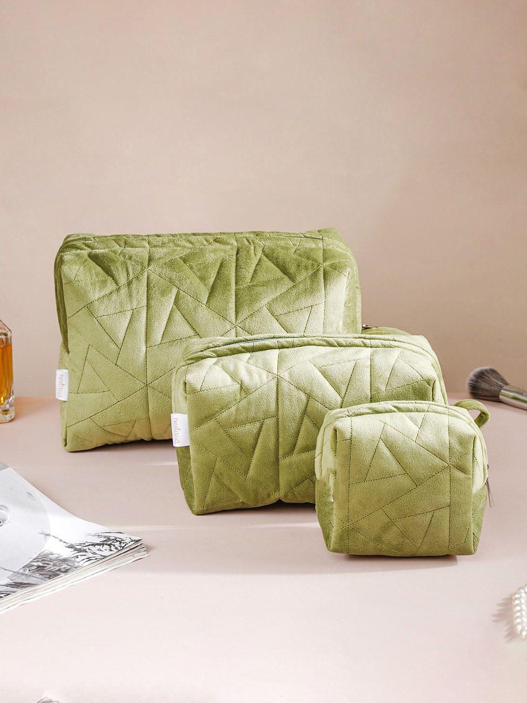 nestasia set of 3 green quilted cosmetic organiser bags