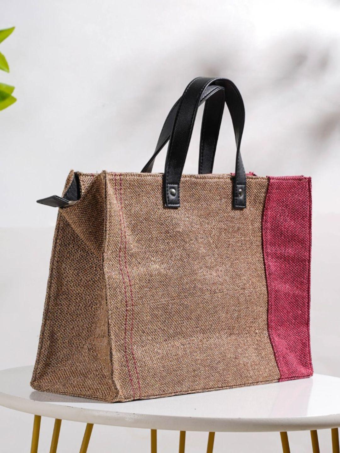 nestasia unisex beige & red colourblocked eco friendly jute lunch bag