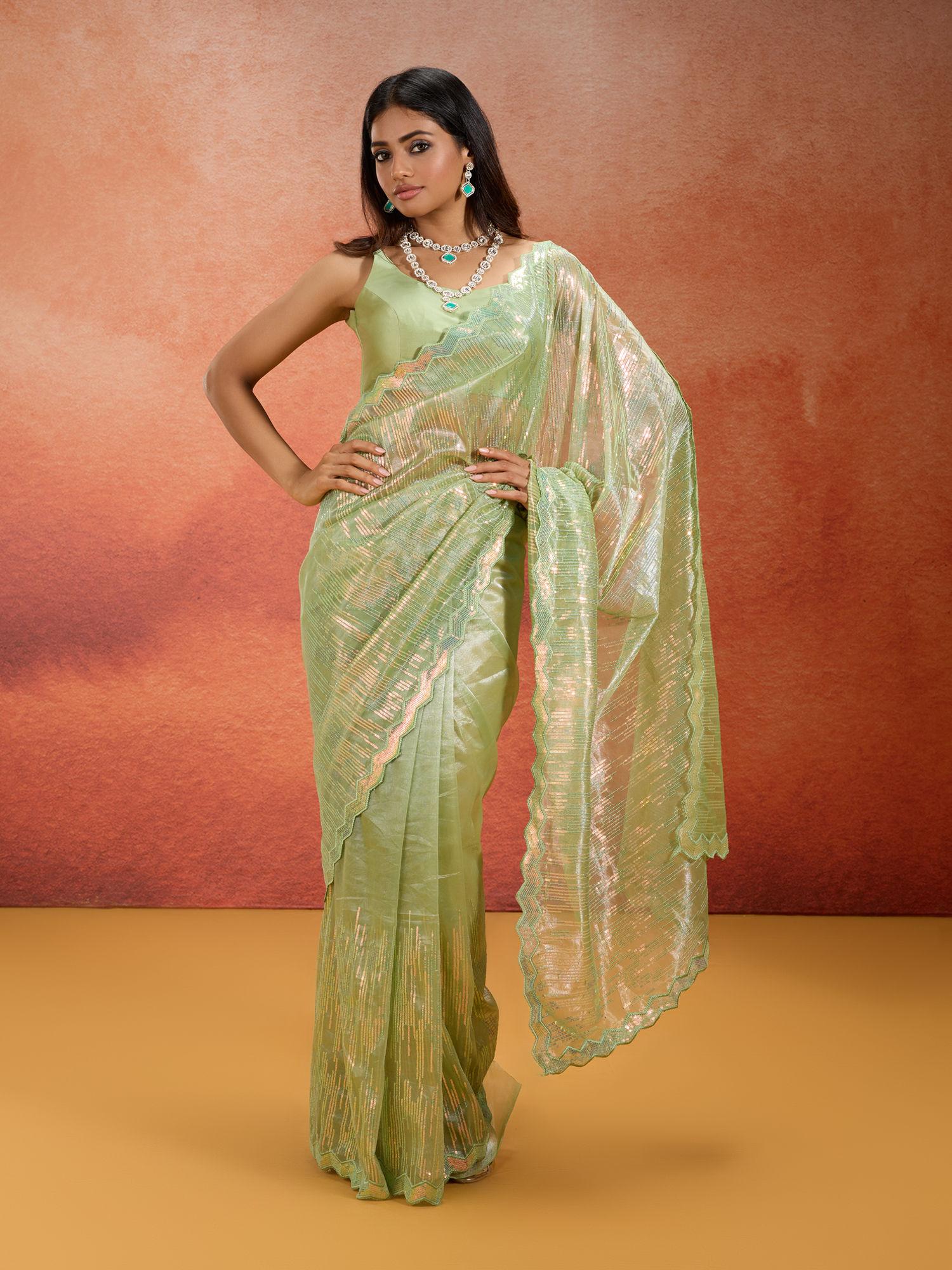 net all over sequins embellished green saree with unstitched blouse likvivsar02