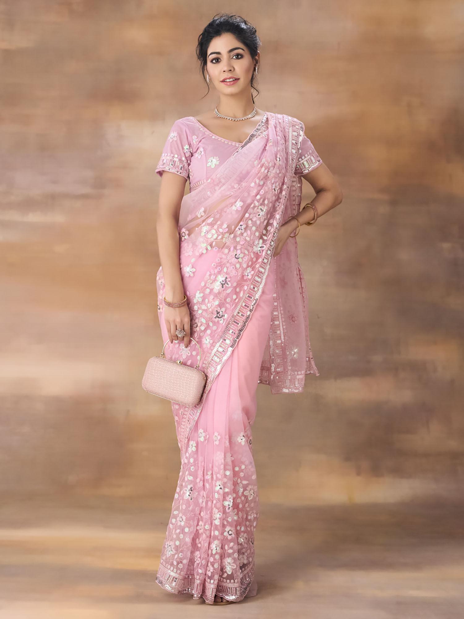 net floral embroidered saree with unstitched blouse