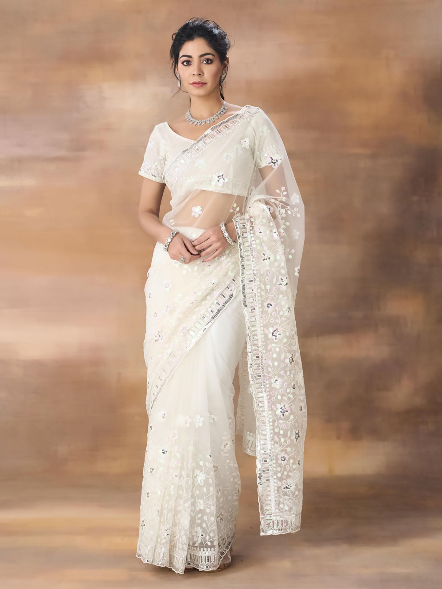 net floral embroidered saree with unstitched blouse