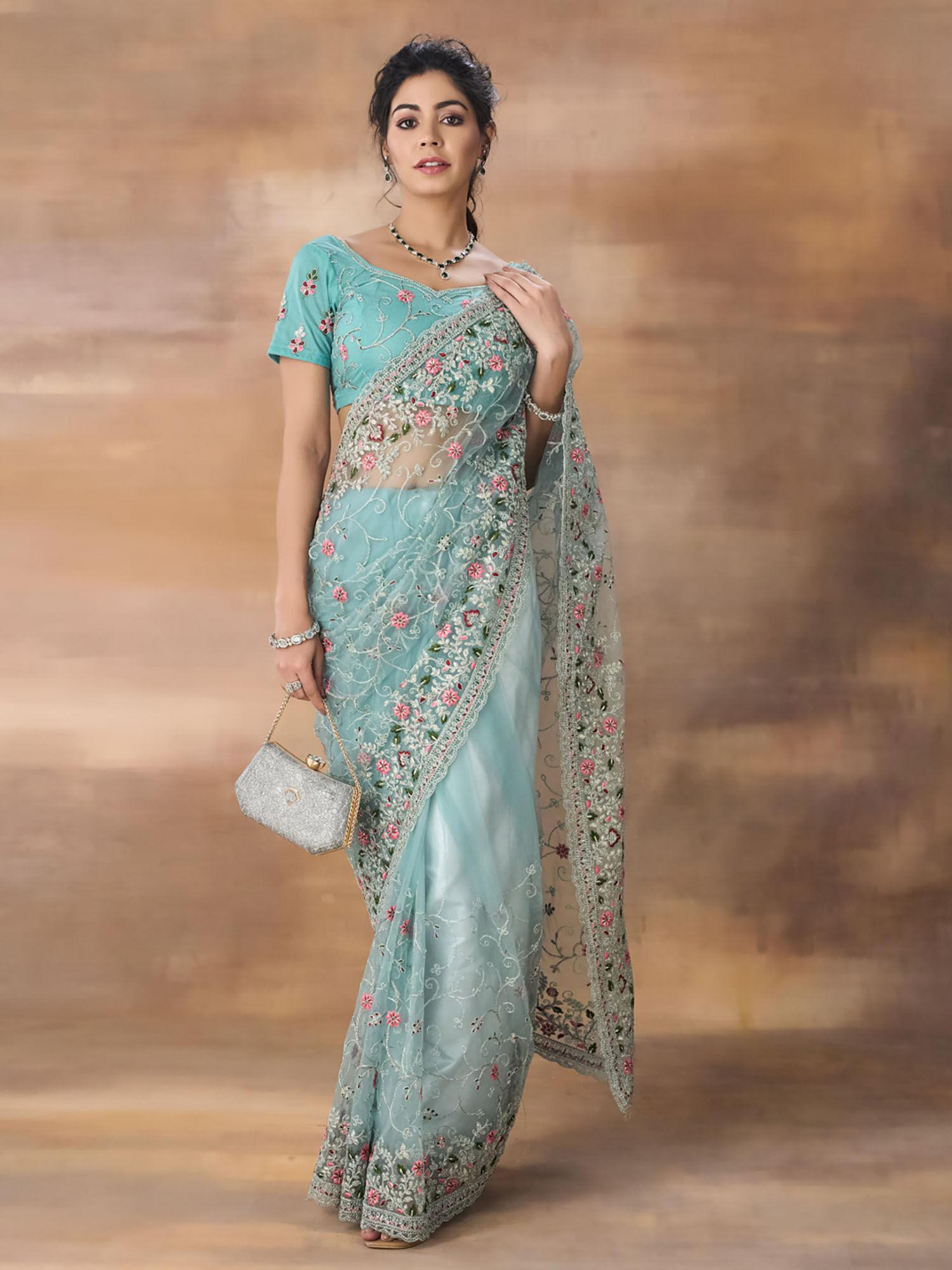 net floral embroidered saree with unstitched blouse