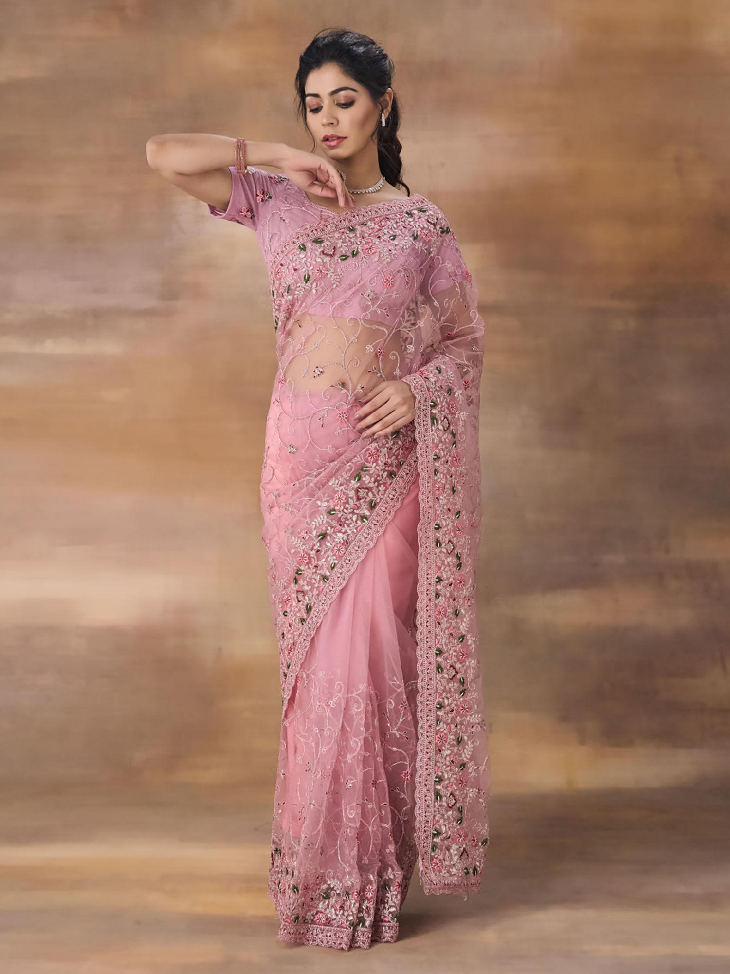 net floral embroidered saree with unstitched blouse