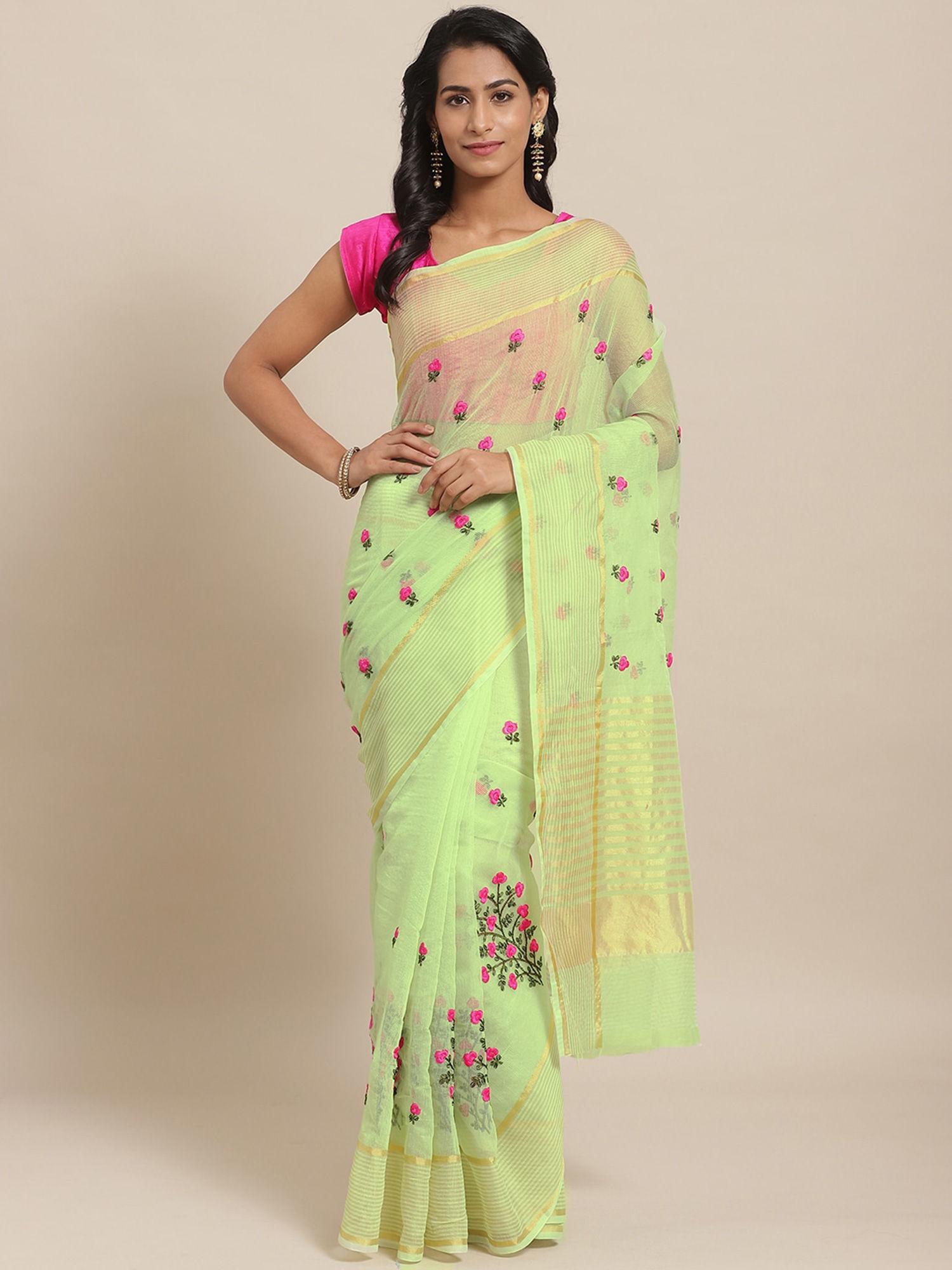 net gulab butti green silk cotton saree with unstitched blouse