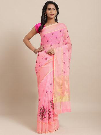 net gulab butti pink silk cotton saree with unstitched blouse