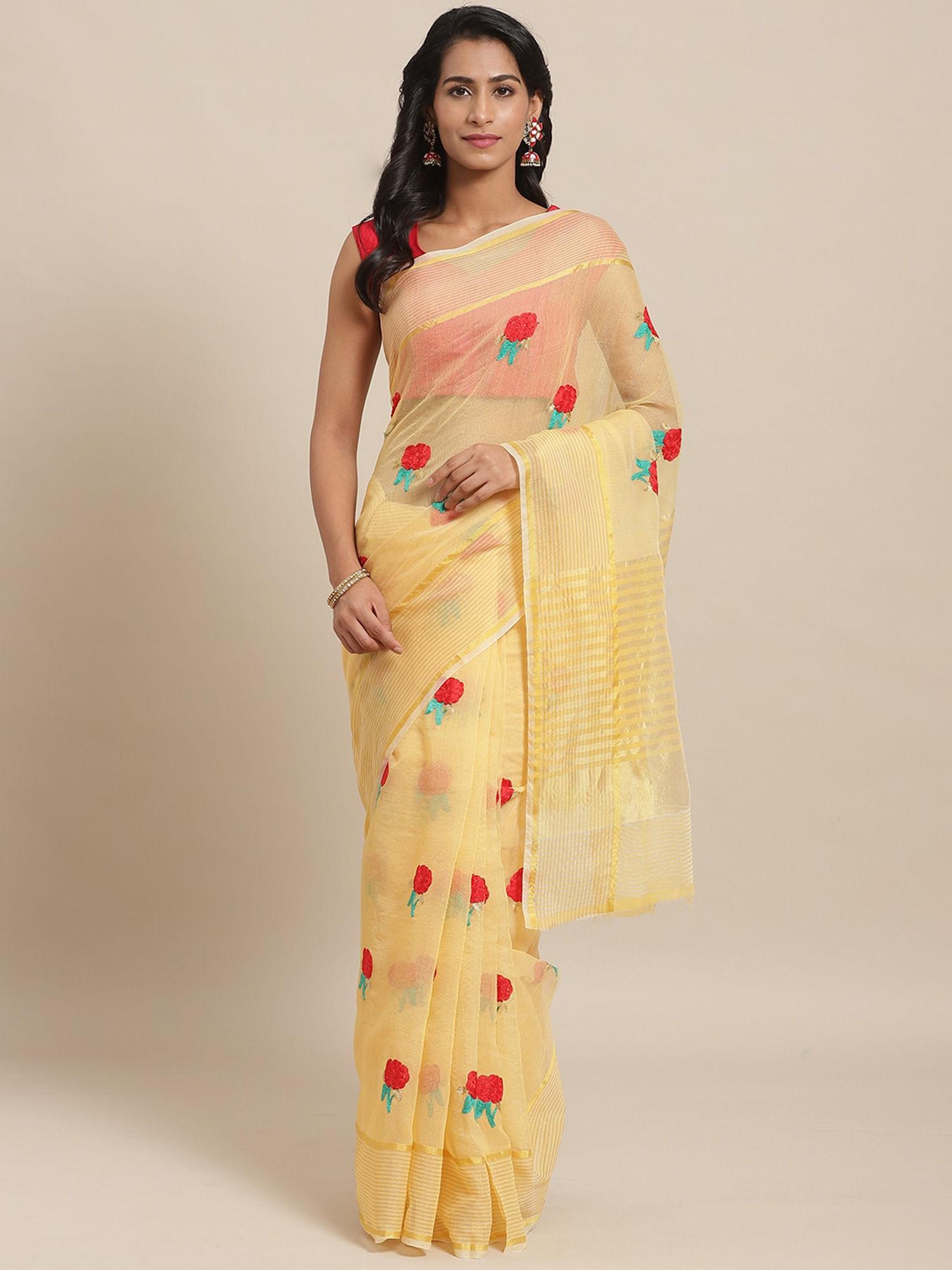 net gulab work mustard silk cotton saree with unstitched blouse