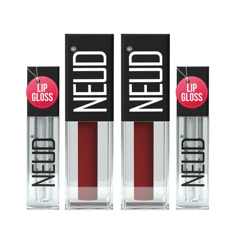 neud matte liquid lipstick red kiss smudge proof with free lip gloss - pack of 2
