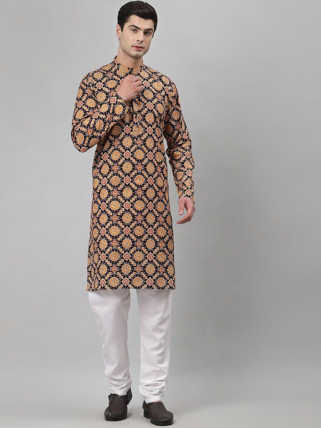 neudis men black ethnic motifs printed pure cotton kurta with churidar