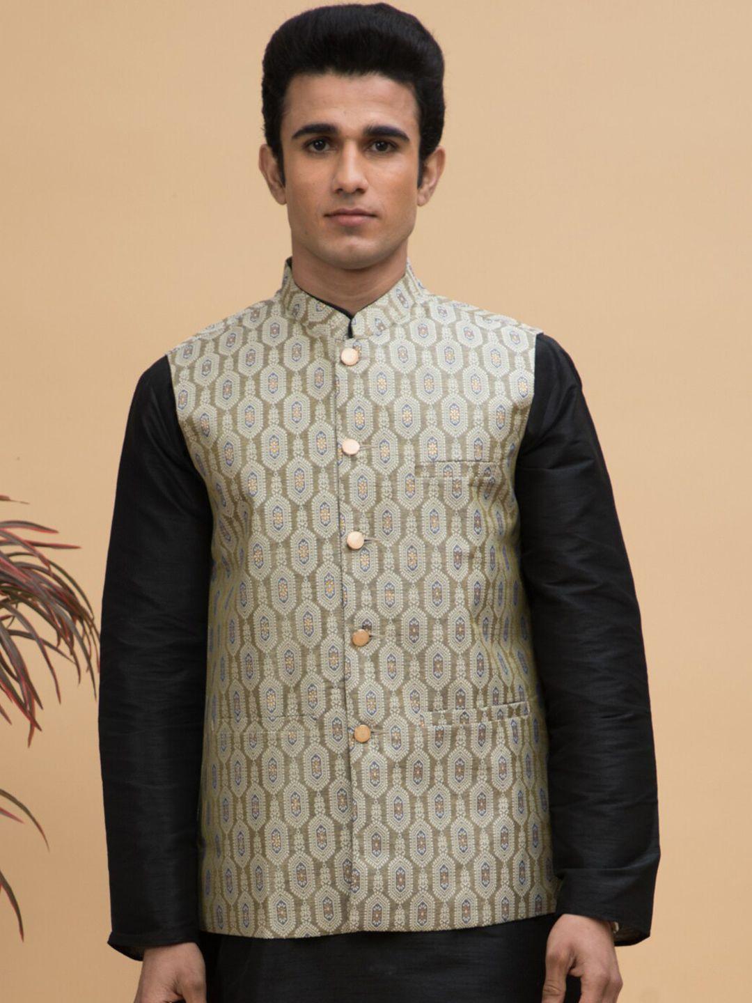 neudis men ethnic motif printed jacquard woven nehru jacket