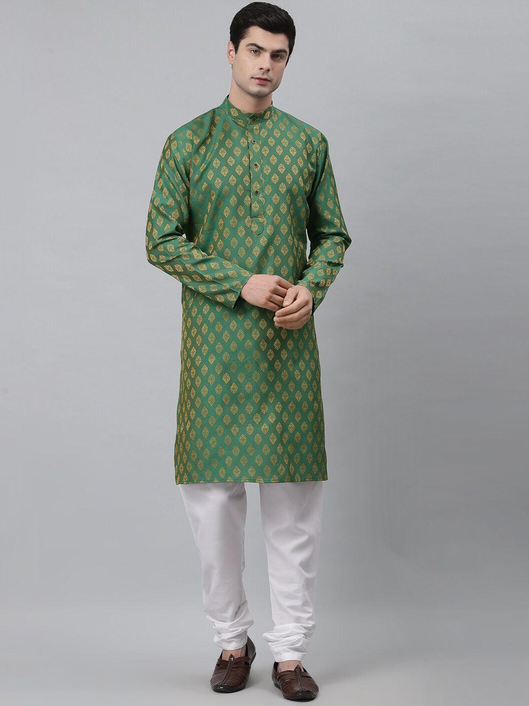 neudis men green & gold-coloured jacquard kurta with churidar