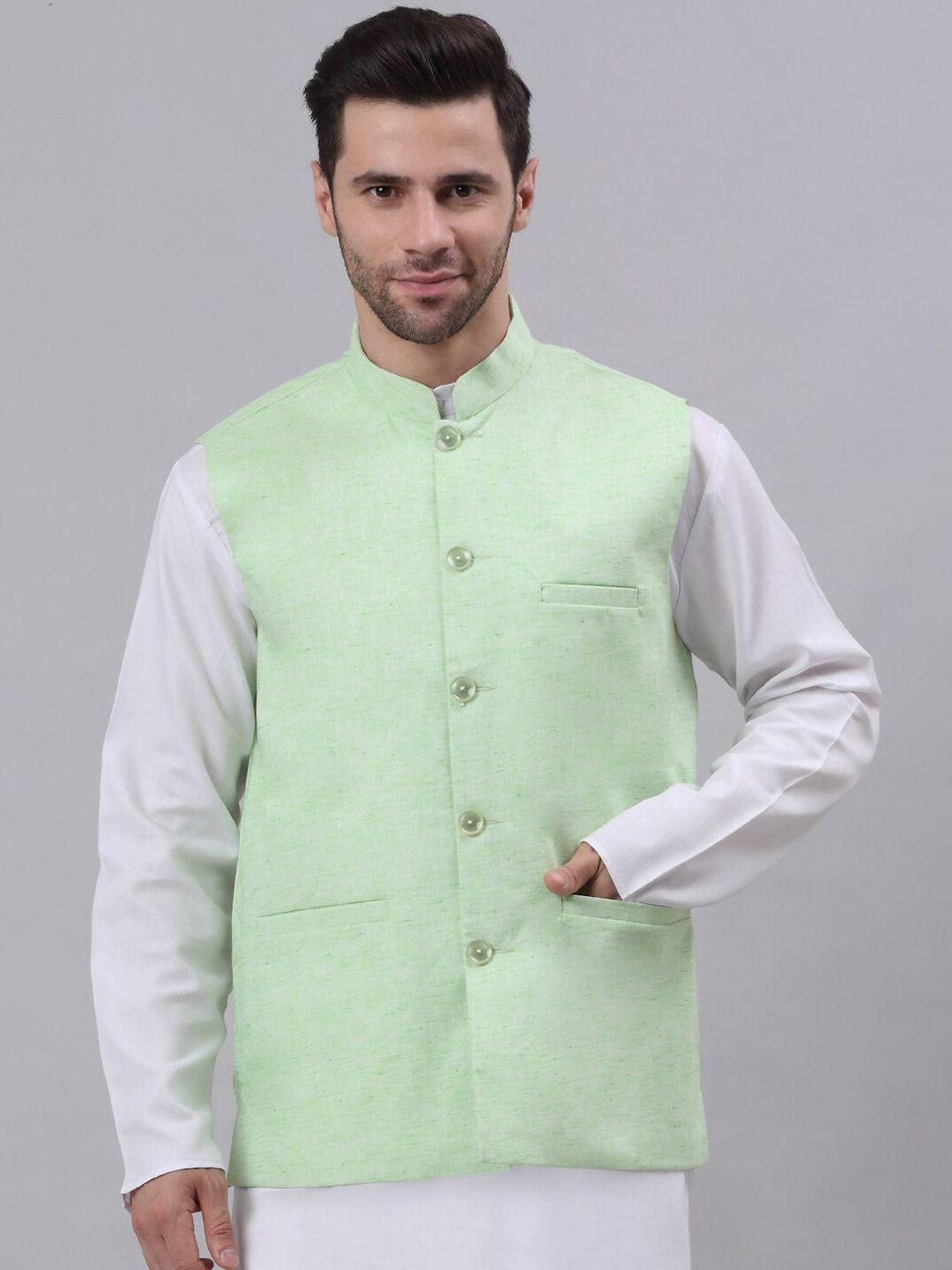 neudis-men-green-solid-woven-cotton-nehru-jacket