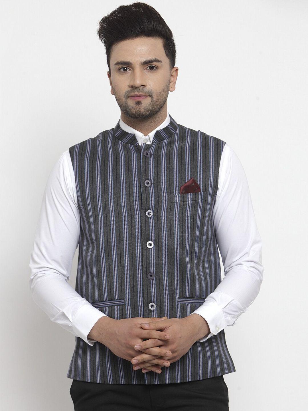 neudis men grey & blue striped woolen nehru jacket