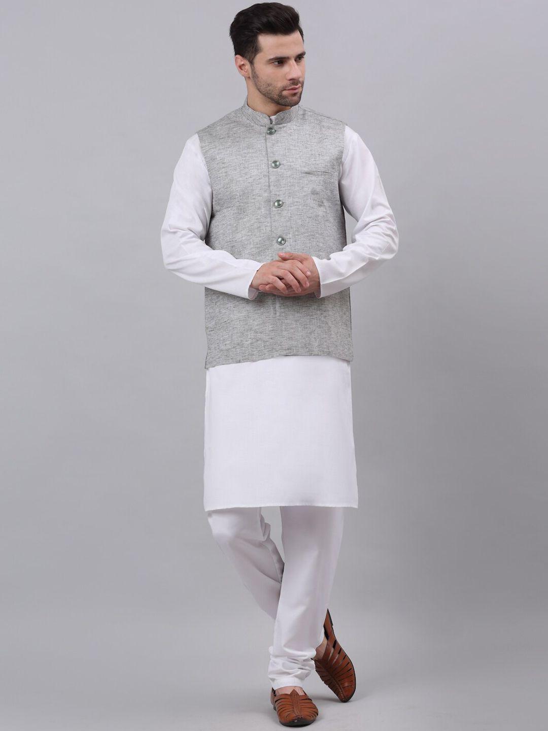 neudis men grey cotton solid nehru jacket & white kurta set