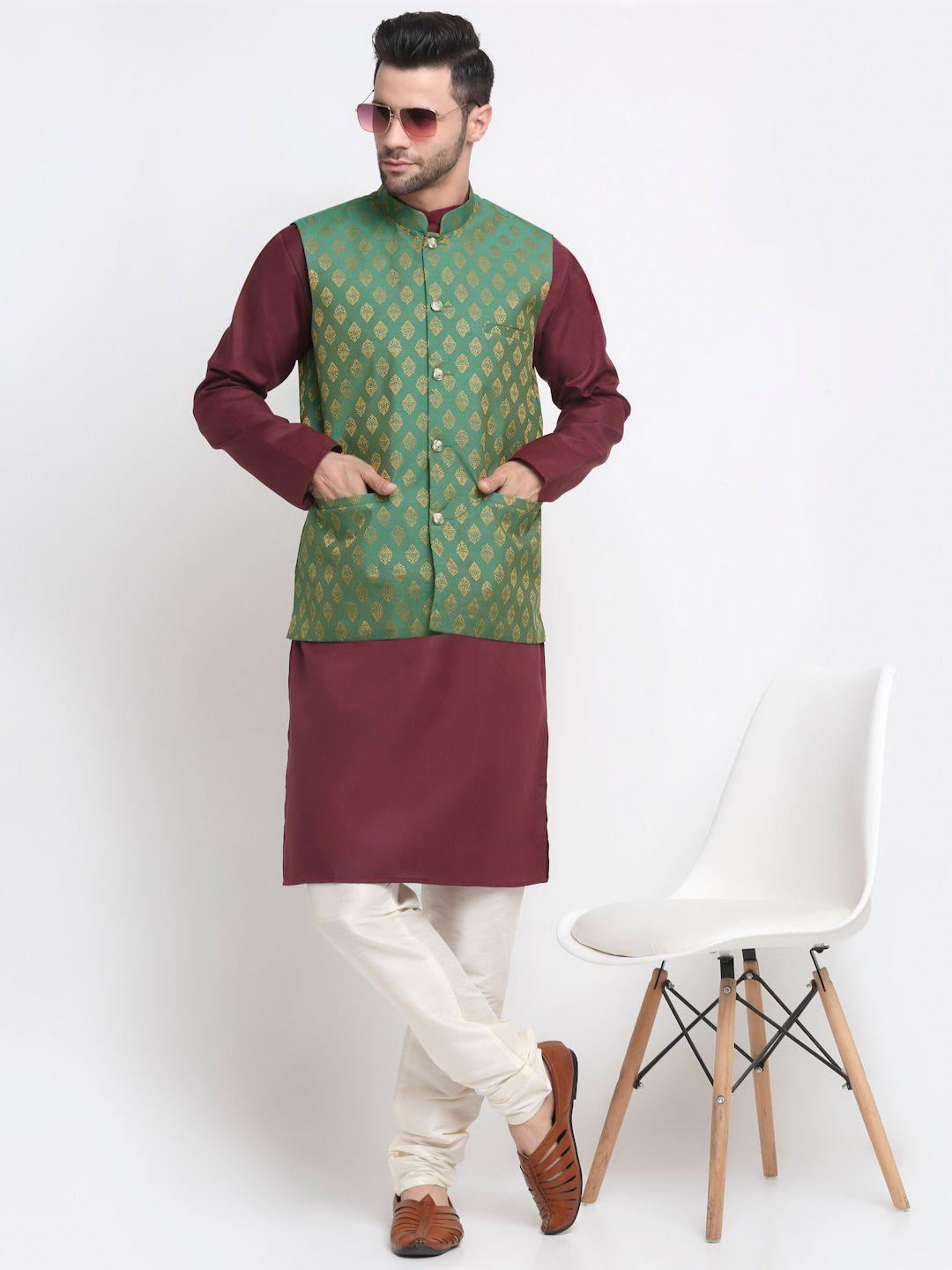 neudis men maroon & green solid kurta with churidar & nehru jacket