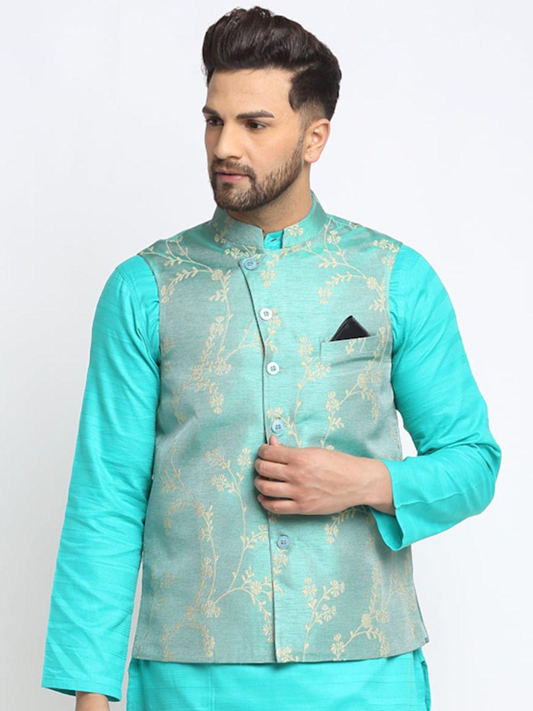 neudis-men-turquoise-blue-&-beige-woven-design-jacquard-silk-nehru-jacket