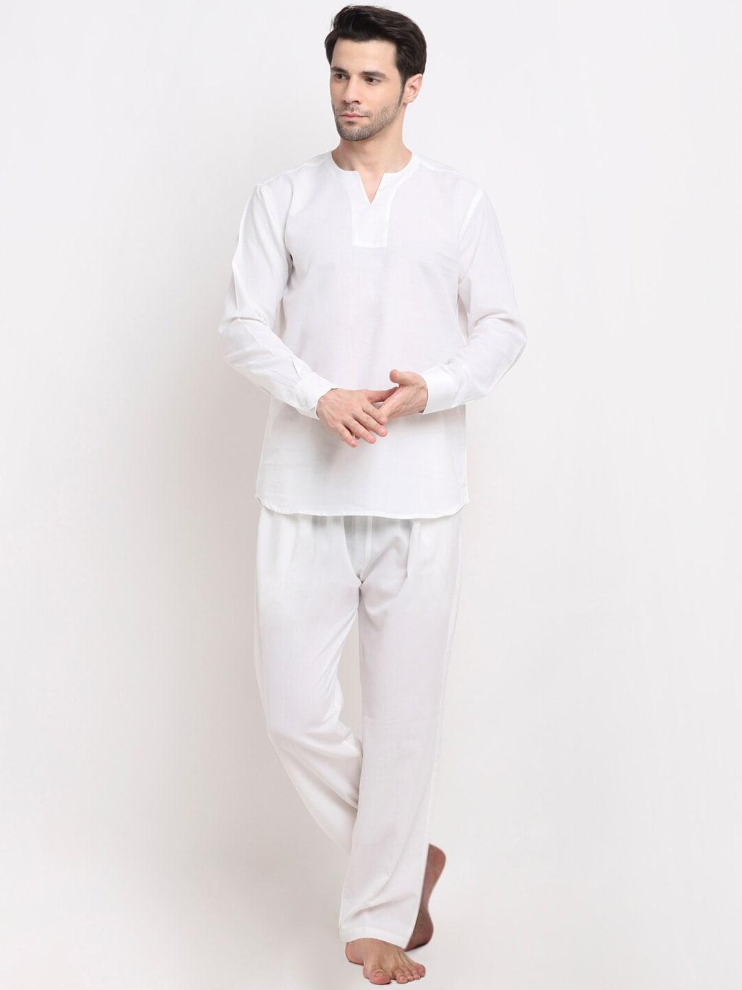 neudis men white solid pure cotton night suit