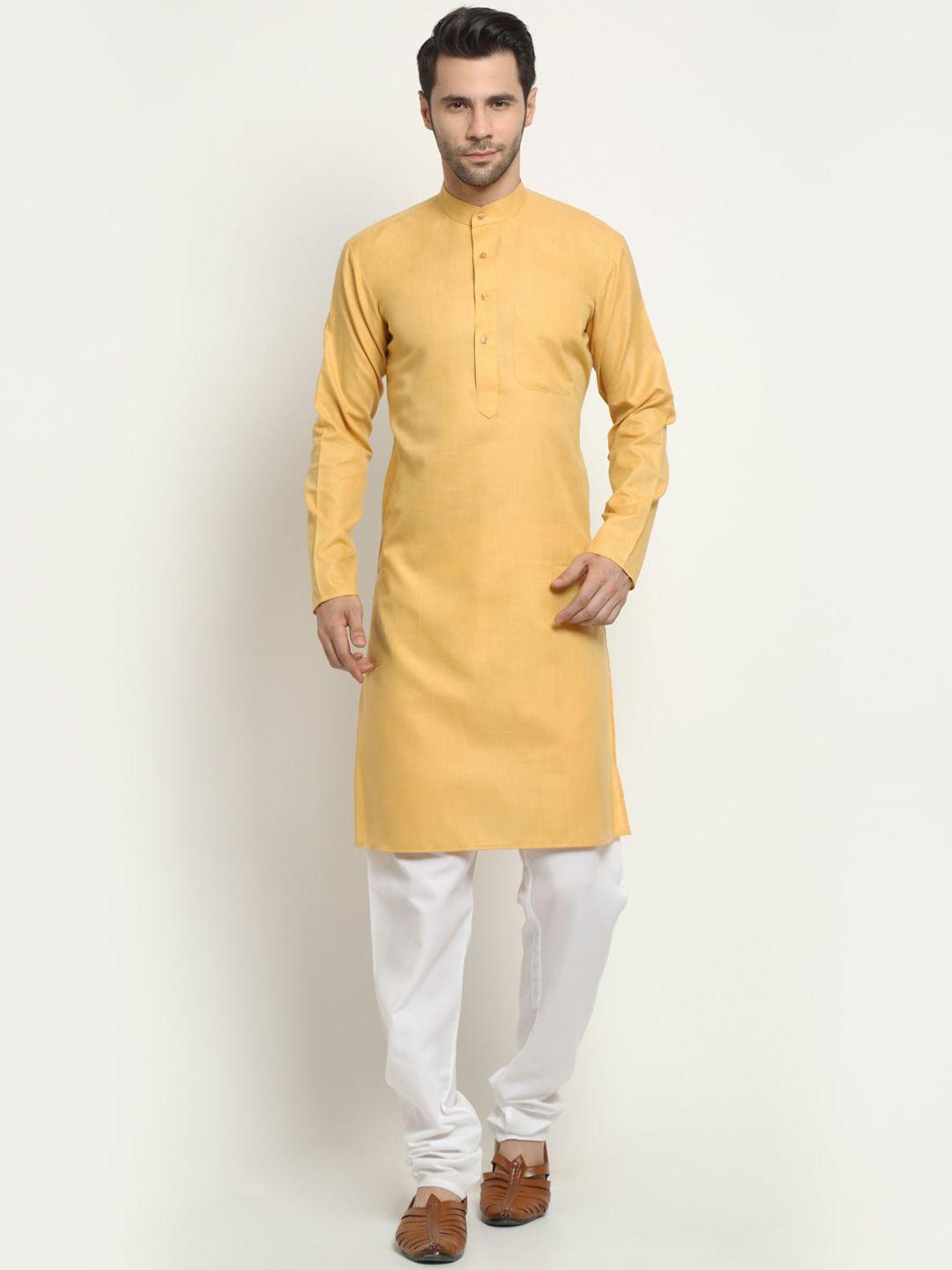neudis men yellow & white regular pure cotton kurta with churidar