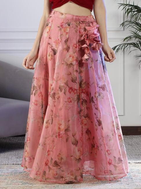 neudis peach floral print maxi lehenga skirt