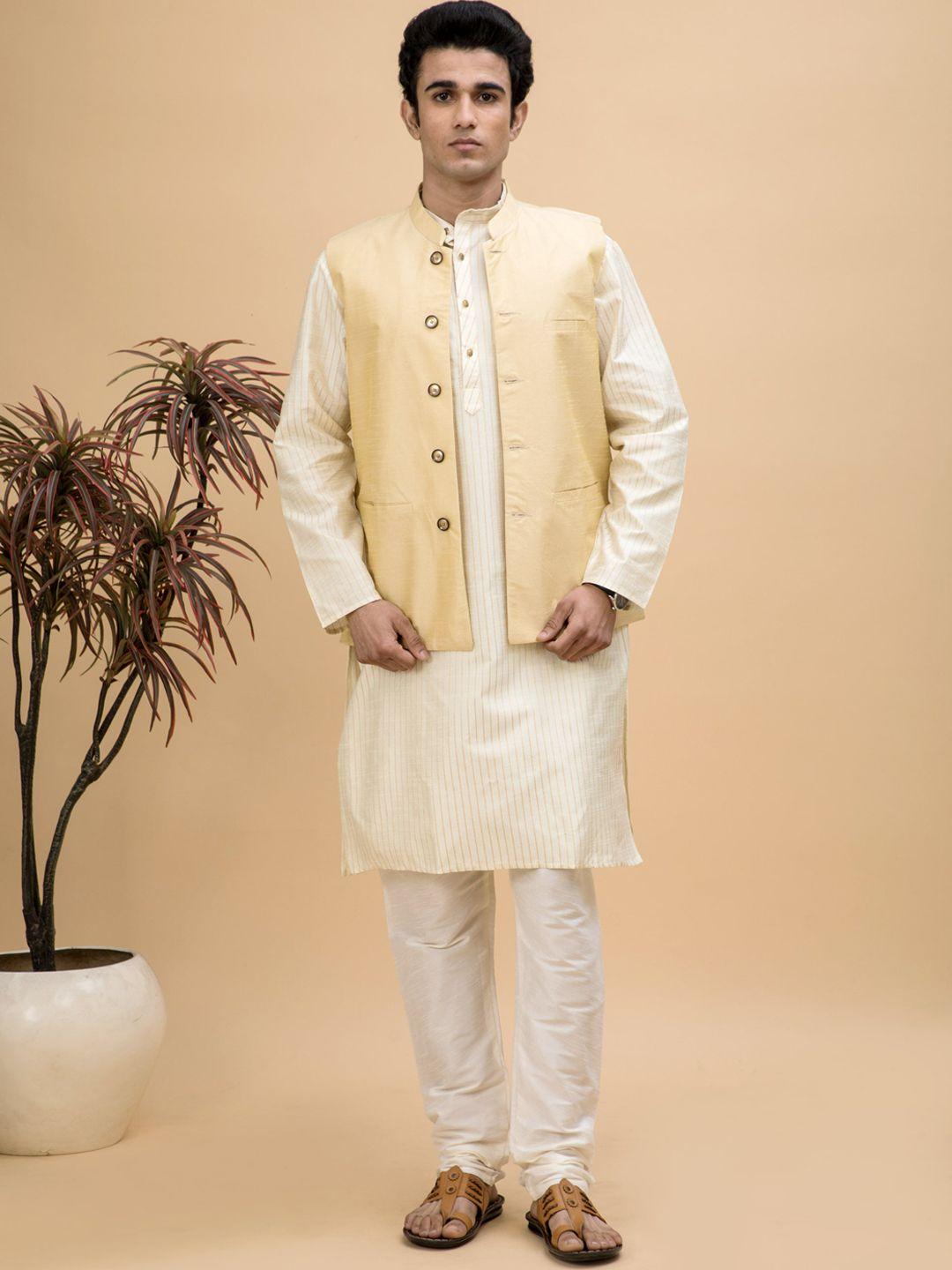 neudis striped mandarin collar kurta with churidar & nehru jacket