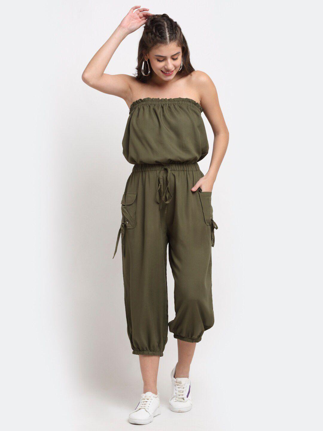 neudis women olive green solid basic jumpsuit