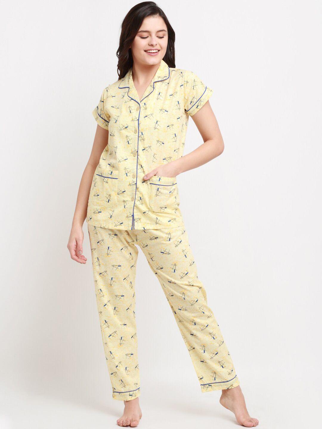 neudis women yellow & blue abstract printed pure cotton night suit