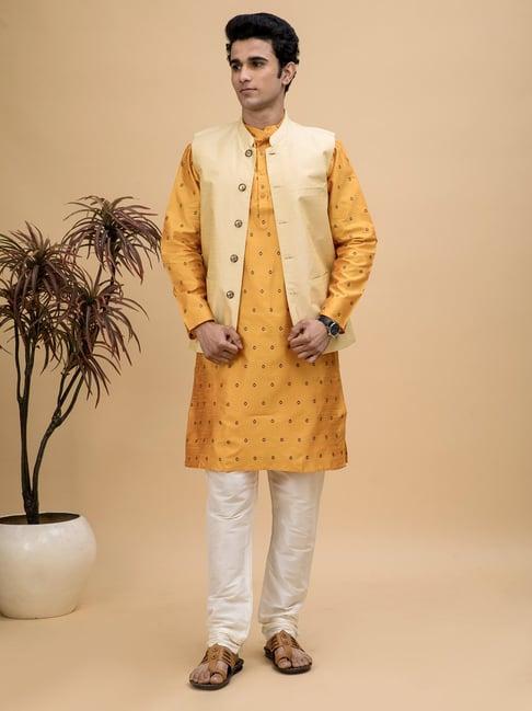 neudis yellow & white regular fit kurta & churidar with nehru jacket