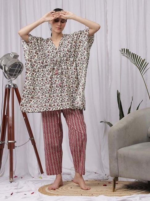 neudis beige & maroon printed kaftan pyjamas set