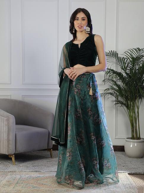 neudis dark green printed lehenga set with dupatta