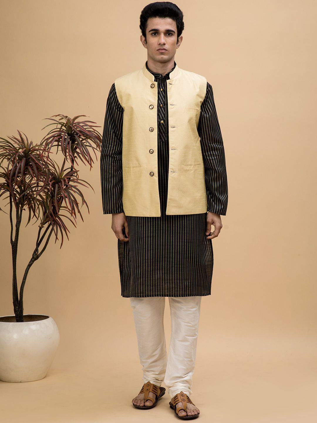 neudis dobby striped dupion silk straight kurta with churidar & nehru jacket