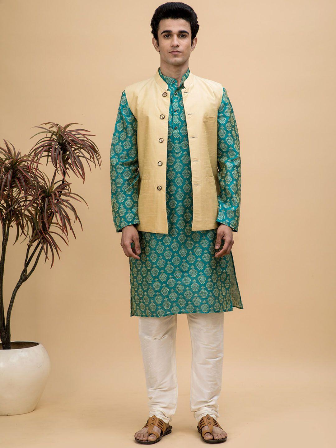neudis ethnic motifs woven design dupion silk kurta with churidar & nehru jacket