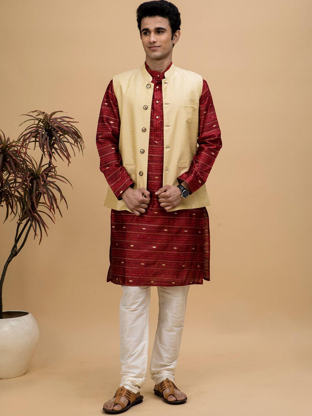 neudis ethnic motifs woven design mandarin collar kurta with churidar & nehru jacket