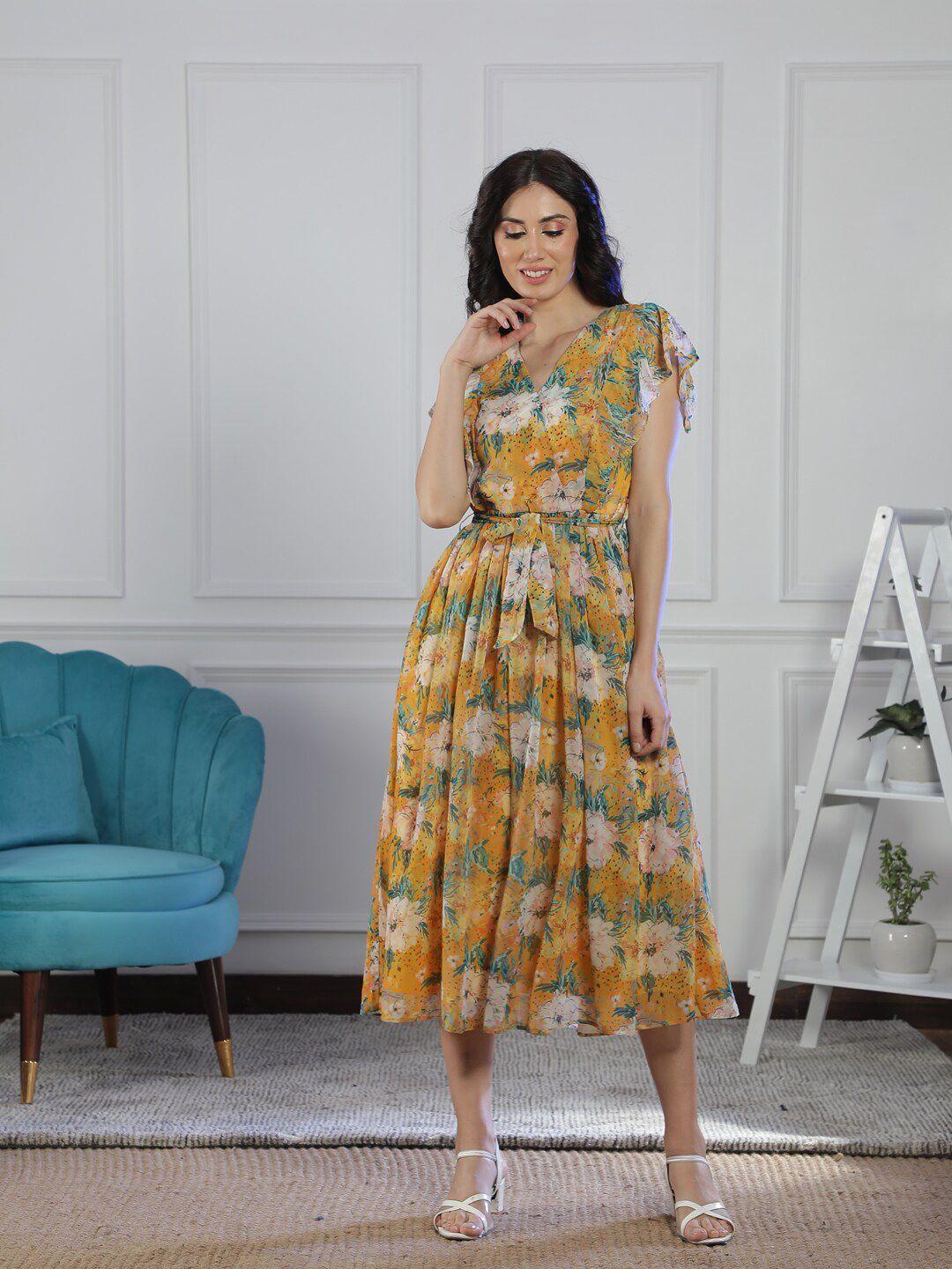 neudis floral print flutter sleeve georgette fit & flare midi dress