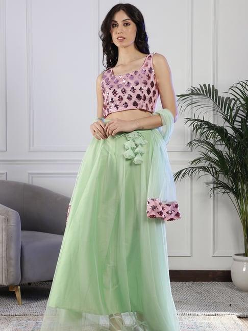 neudis green & pink embellished lehenga set with dupatta