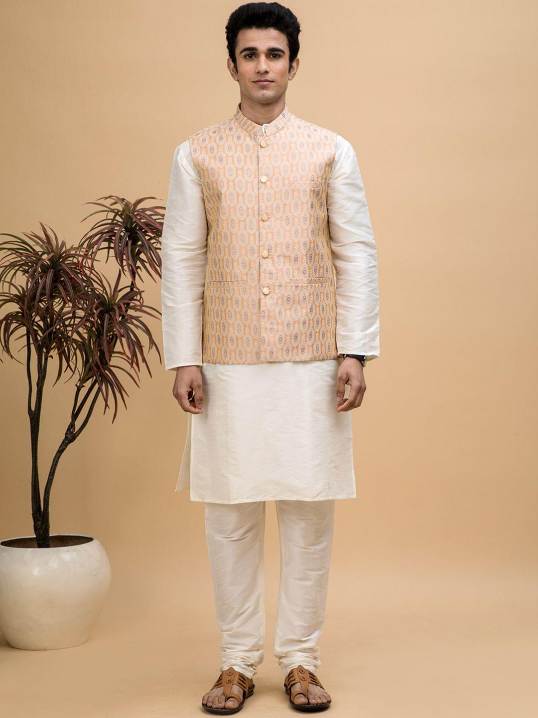 neudis mandarin collar dupion silk kurta with pyjamas & nehru jacket