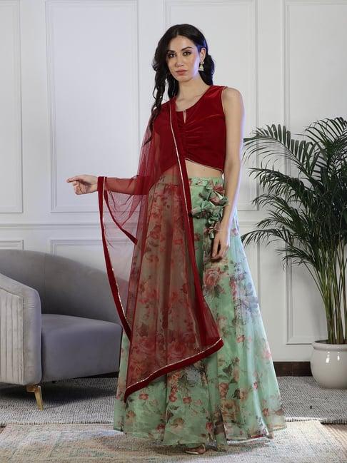 neudis maroon & green printed lehenga set with dupatta