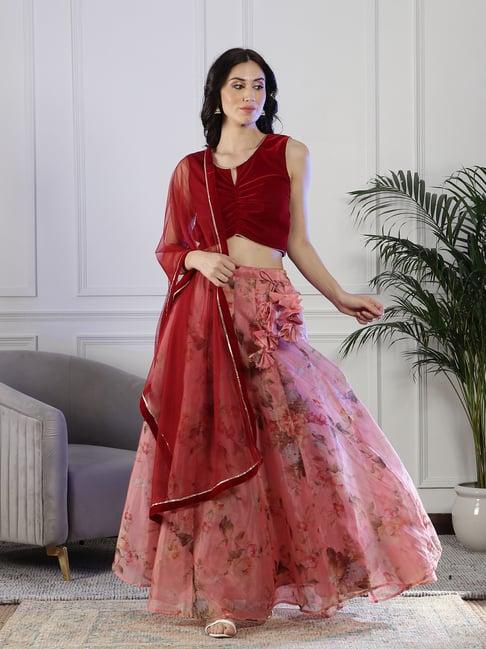 neudis maroon & pink printed lehenga set with dupatta