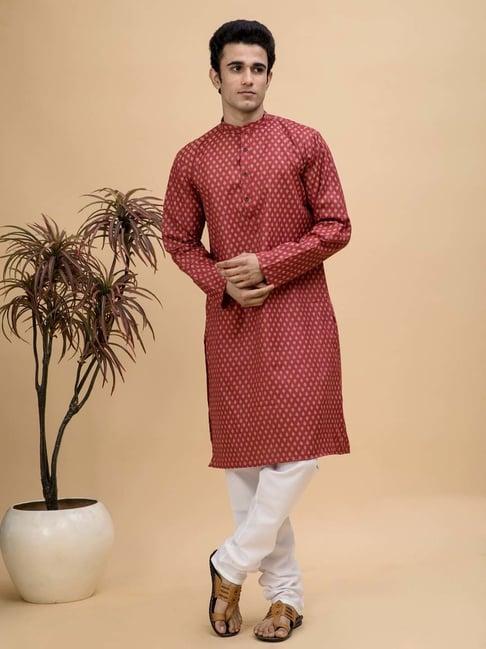 neudis maroon & white regular fit printed kurta & churidar set