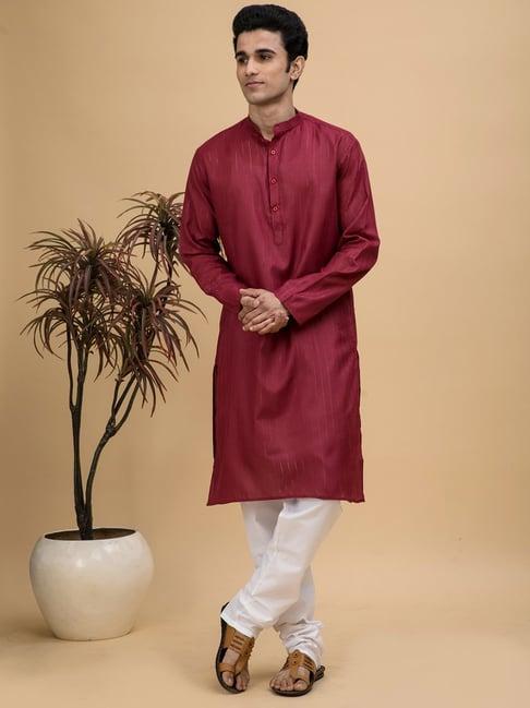 neudis maroon & white regular fit striped kurta & churidar set