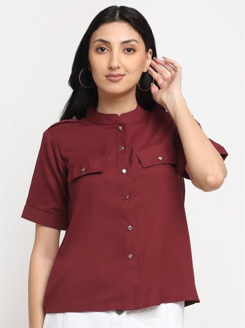 neudis maroon mandarin collar shirt