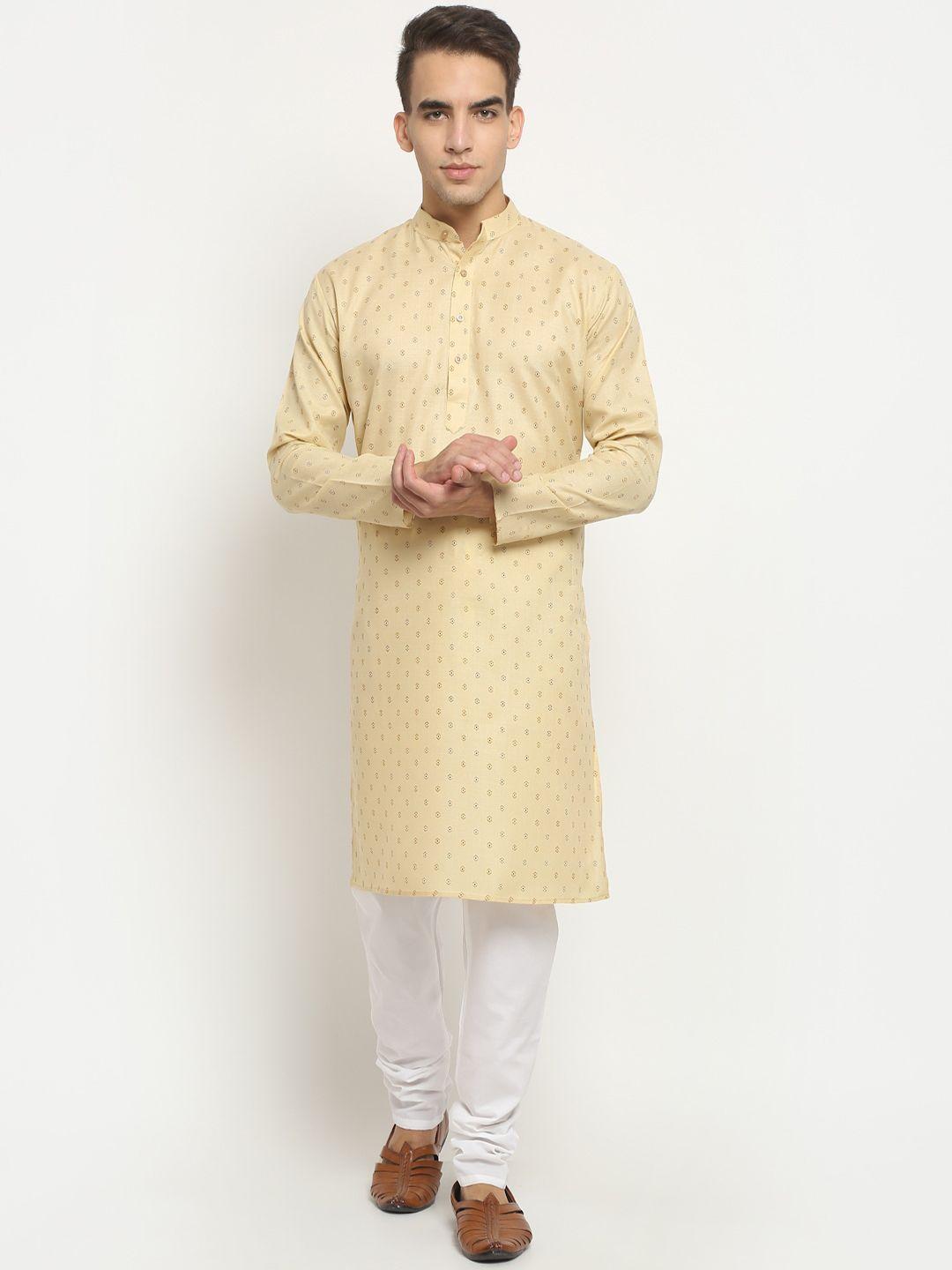 neudis men beige & white printed layered pure cotton kurta with churidar