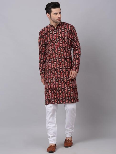 neudis men black & maroon printed cotton kurta & churidar set