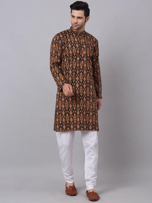 neudis men black & yellow printed cotton kurta & churidar set