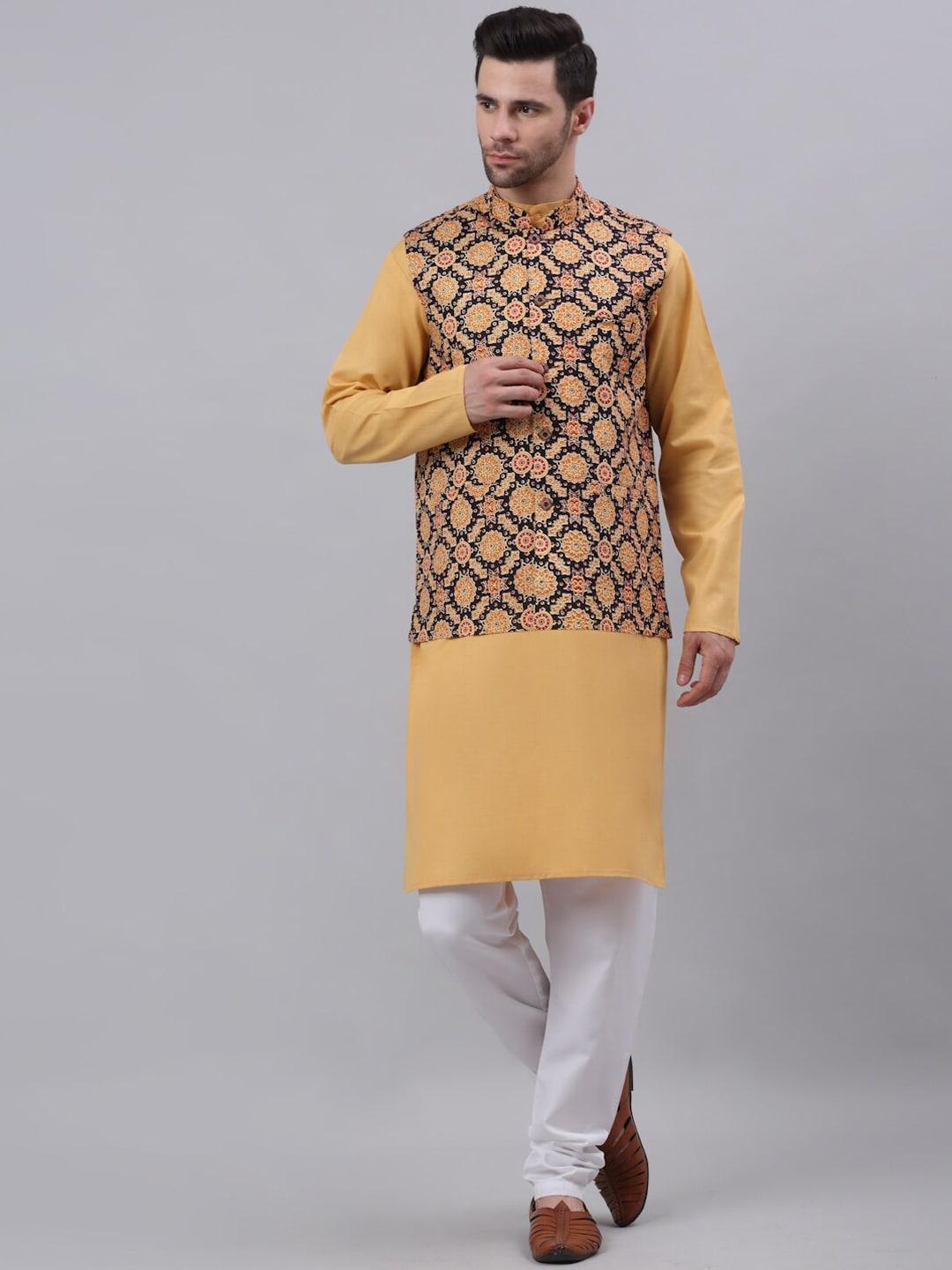 neudis men black cotton printed nehru jacket & yellow kurta set