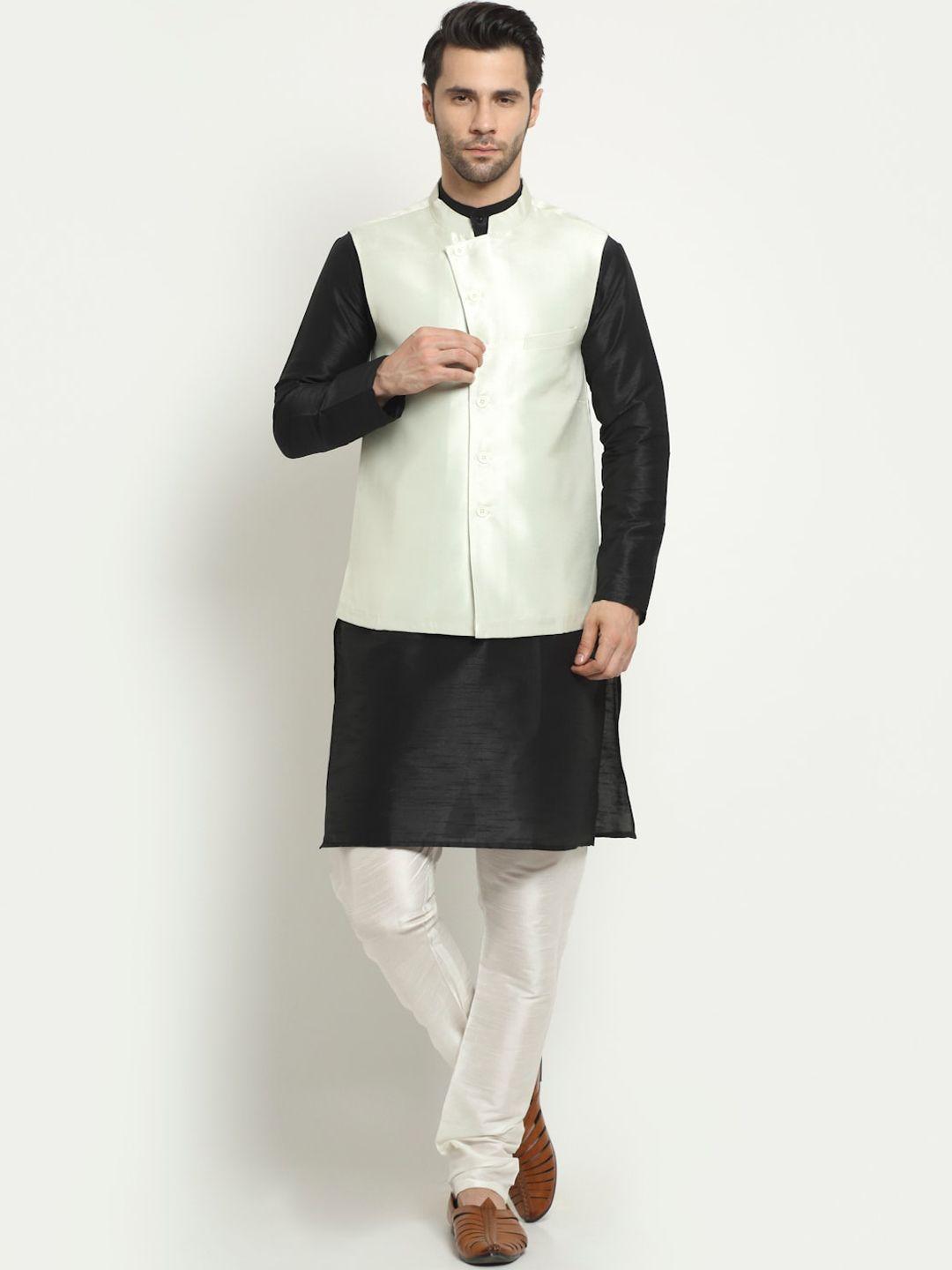 neudis men black regular dupion silk kurta & churidar with nehru jacket